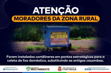 A Prefeitura de Itatinga deu início à implantação de um projeto piloto de Coleta de Lixo Doméstico com o uso de conteineres, auxiliando na logística do recolhimento do lixo de maneira mais contínua, proporcionando benefícios em termos de higiene e saúde p