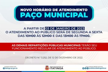 NOVO HORÁRIO DE ATENDIMENTO AO PÚBLICO NO PAÇO MUNICIPAL