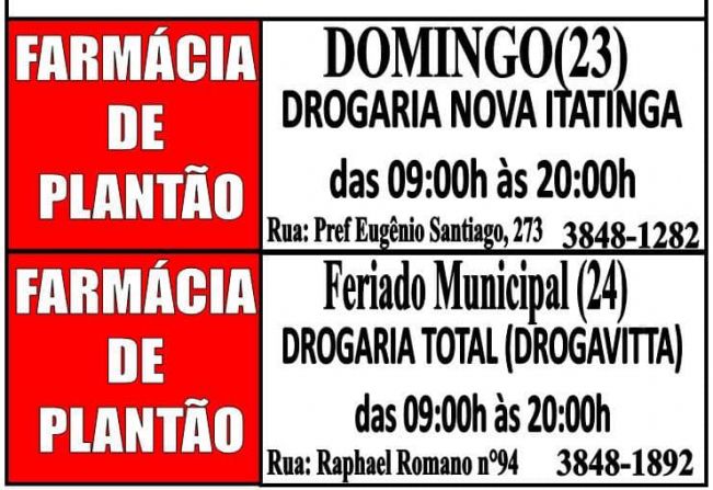 Farmácia de plantão no domingo e no feriado - 23/06 e 24/06