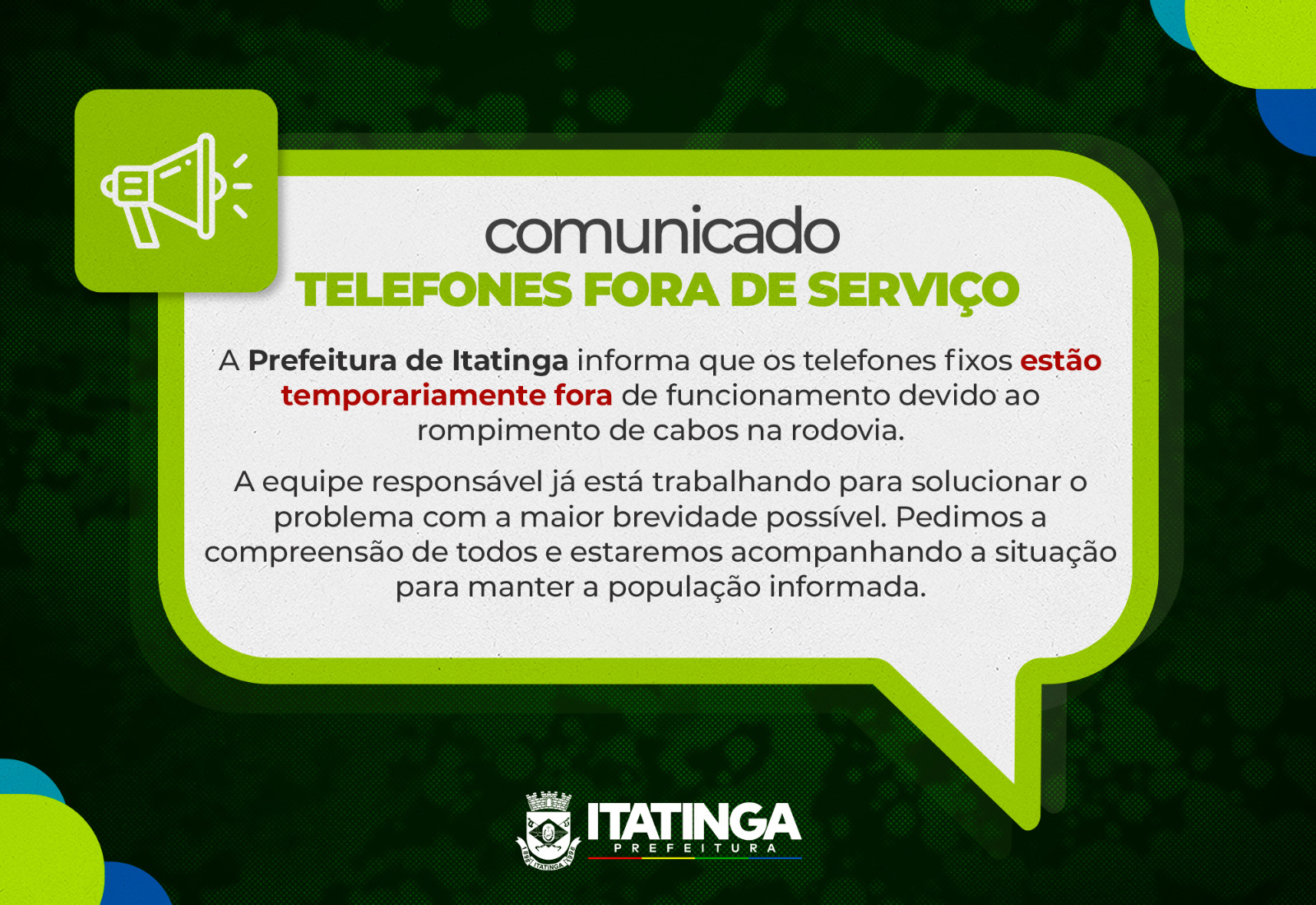 COMUNICADO – TELEFONES FORA DE SERVIÇO