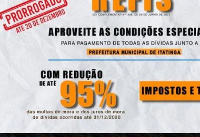 REFIS 2021: Prefeitura de Itatinga oferece até 95% de desconto para quitação de tributos municipais.