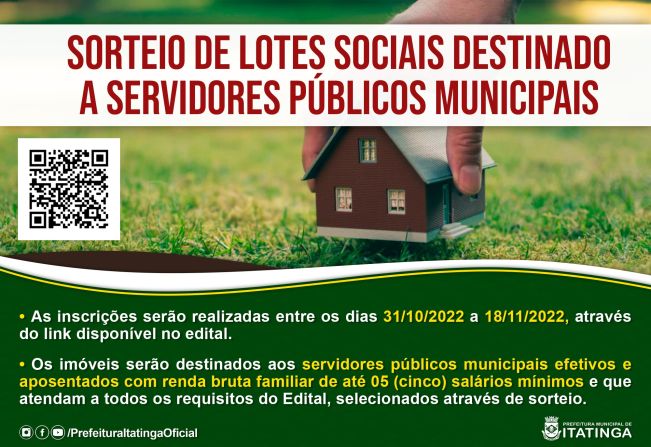 PREFEITURA MUNICIPAL DE ITATINGA ABRE INSCRIÇÕES PARA SORTEIO DE LOTES SOCIAIS DESTINADO A SERVIDORES PÚBLICOS MUNICIPAIS