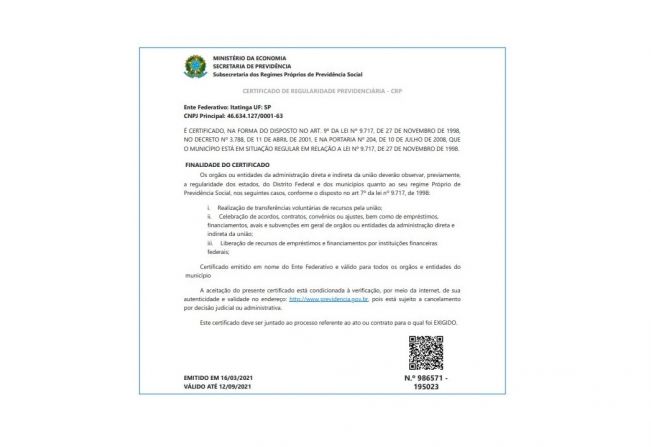 ITATINGA GARANTE A MANUTENÇÃO DO CERTIFICADO DE REGULARIDADE PREVIDENCIÁRIA (CRP).