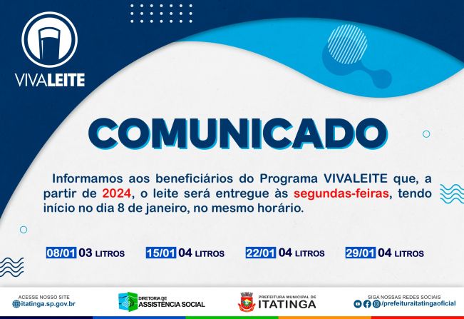 AVISO PARA BENEFICIÁRIOS DO PROGRAMA VIVALEITE